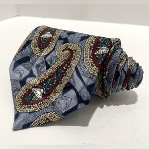 Tabasco 100% Imported Silk Tie Paisley Blue Burgundy Gold/Tan Made In USA UNIQUE